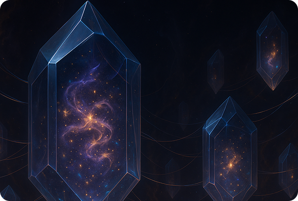 Social platform CosmicRaiders.com — glowing crystals containing cosmic nebulae against dark space background